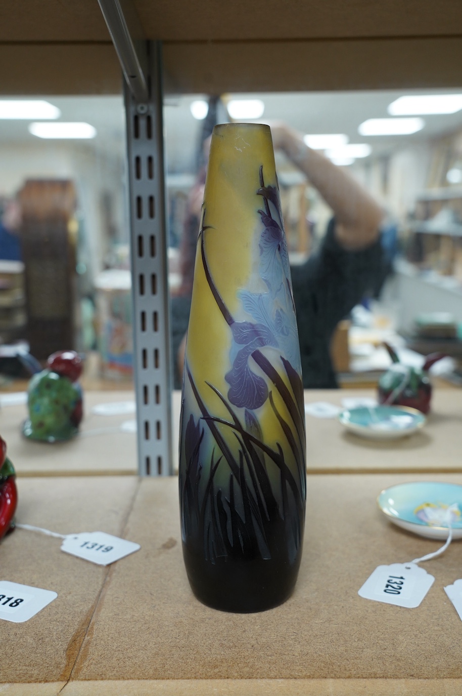 A Gallé blue iris vase, 27.5cm high. Condition - fair to good, minor surface scratches to base